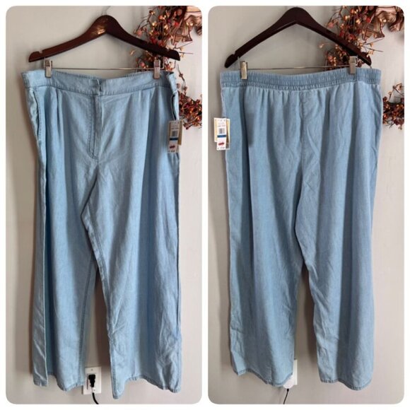 Michael Michael Kors Petite Chambray Elastic-Back Wide-Leg Pants PXL Sky Blue Wa - Picture 2 of 11